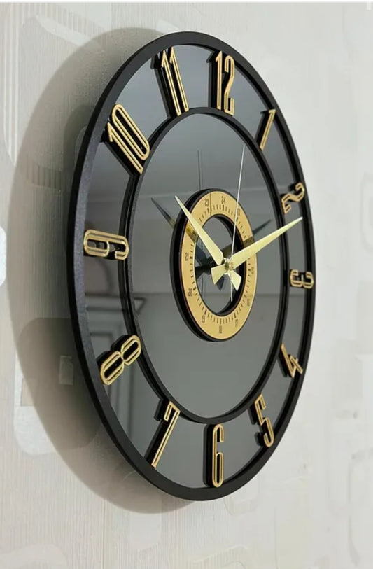 "Modern Black & Gold Wall Clock – Large Decorative Timepiece with Mirror Finish"